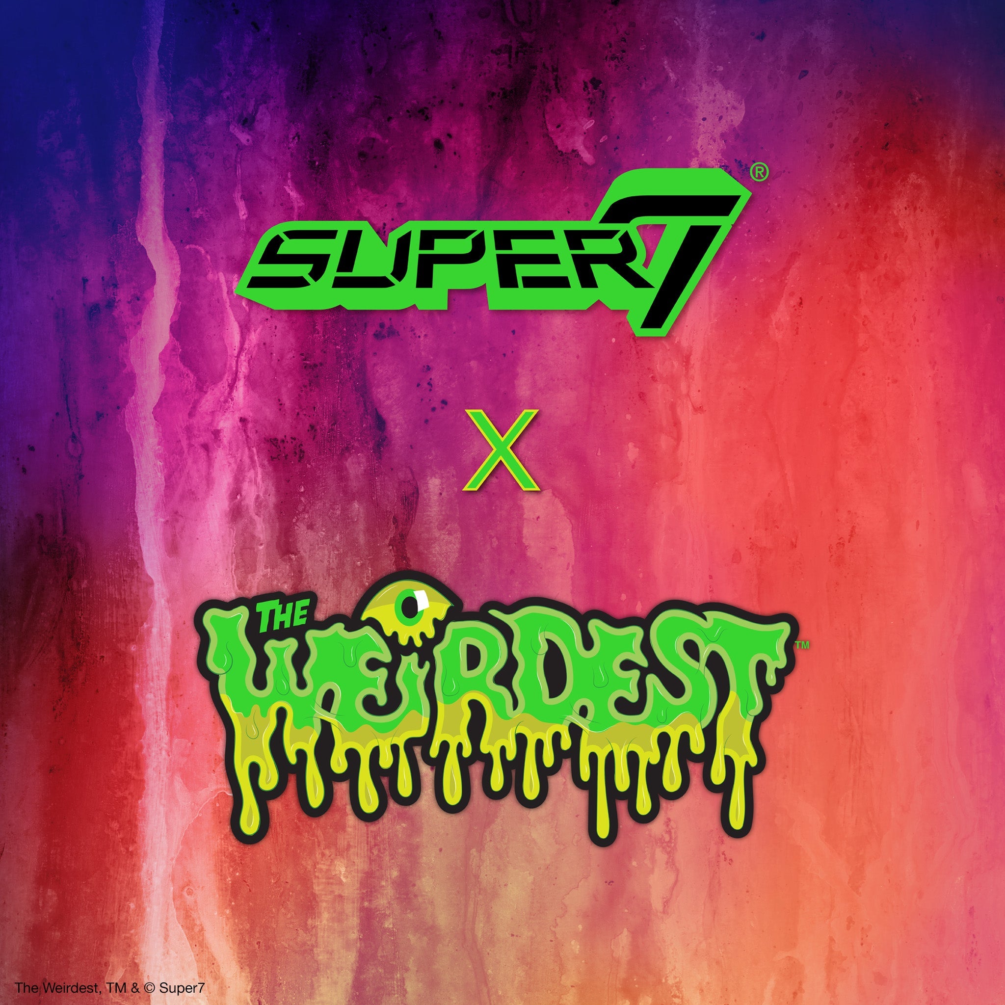 Vibrant purple pink gradient background with lime green dripping text reading The Weirdest