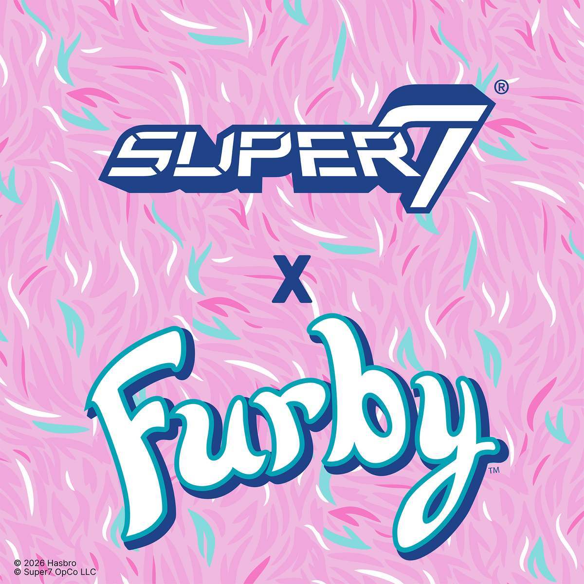 Furby collection cover featuring the Super7 logo and Furby text on a pink fuzzy background