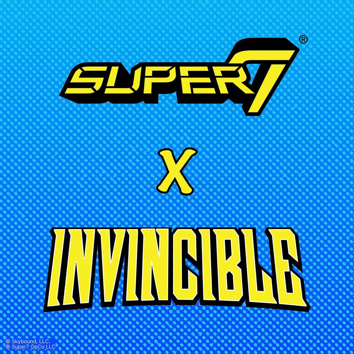 Super7 Invincible poster with a blue dotted background the yellow Super7 logo at the top an X and Invincible text