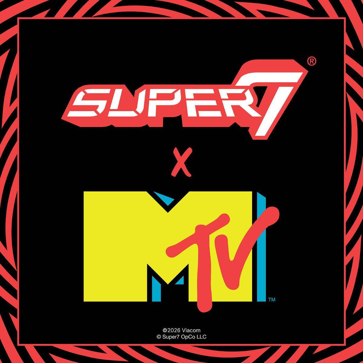 MTV x Super7 collaboration artwork featuring the red Super7 logo above a yellow MTV logo on a black background