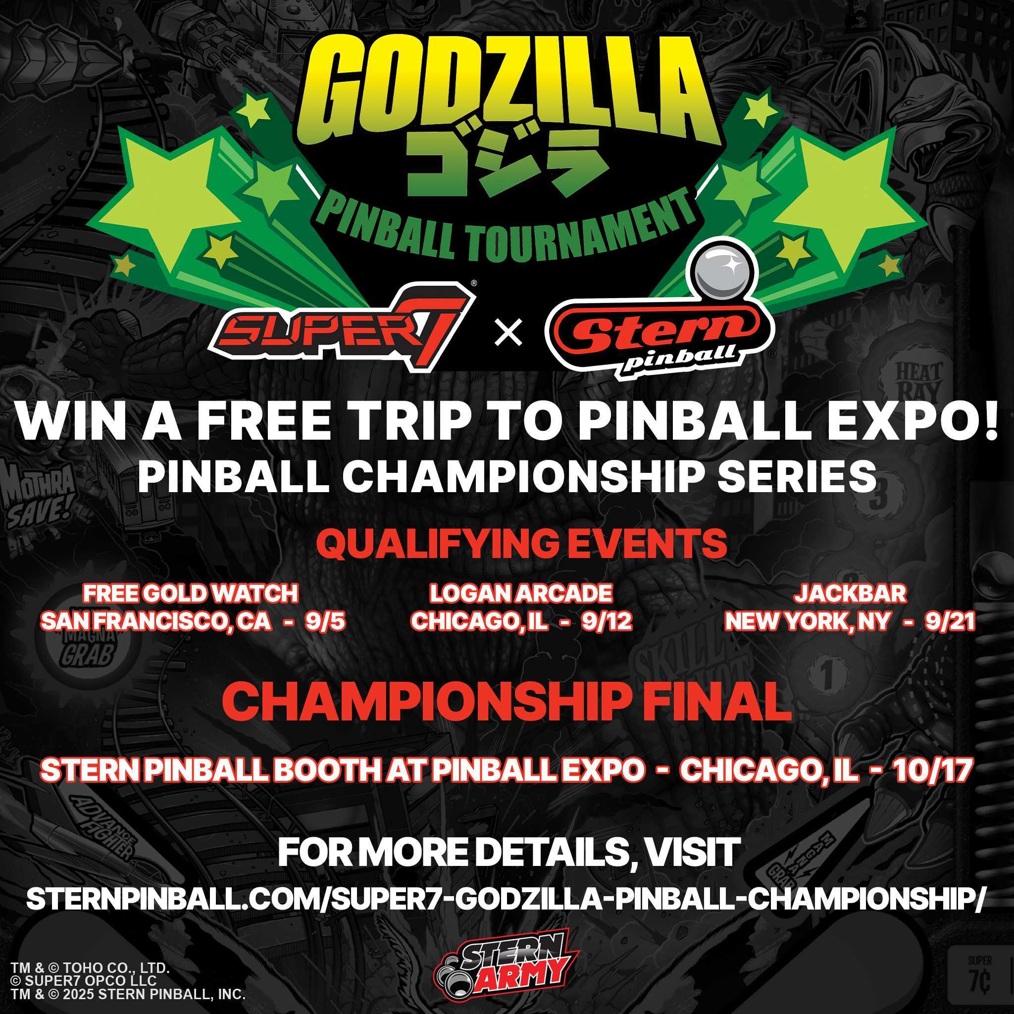 Godzilla x Stern Pinball banner with bold logo and star graphics promoting a tournament