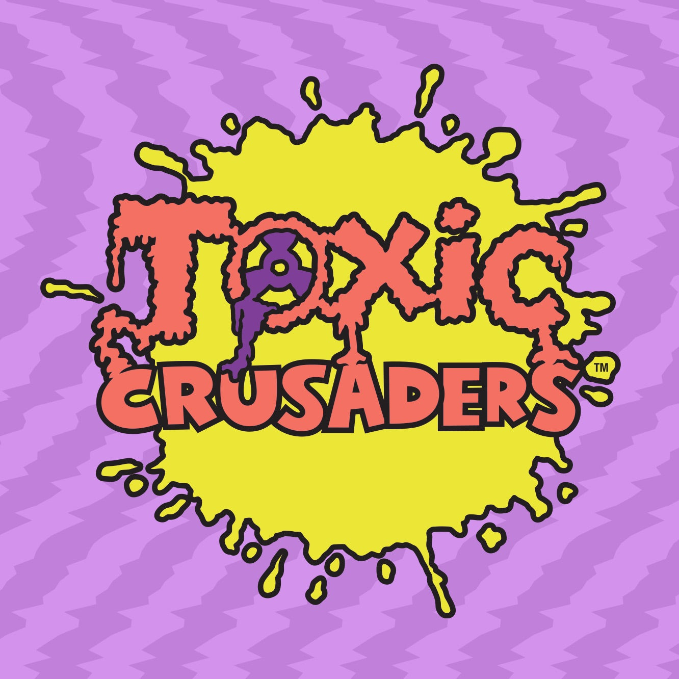 Toxic Crusaders logo splashed on a purple background with a yellow paint splash.
