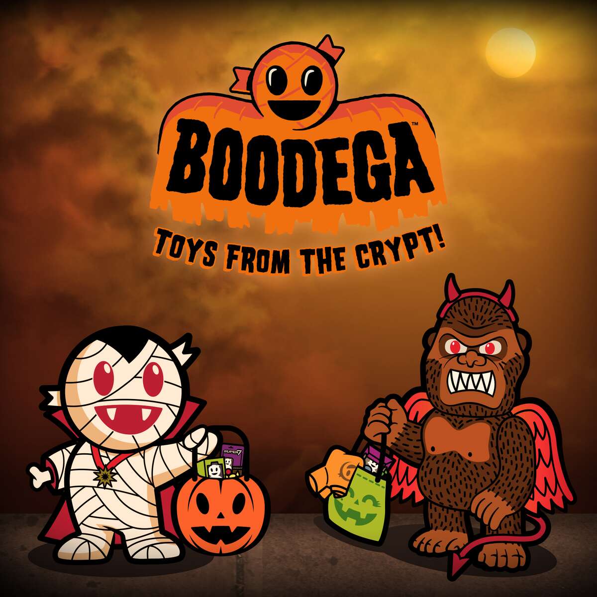 Cartoon Halloween scene with the BooDega logo and three characters a wrapped mummy, a pumpkin bucket, and a horned demon