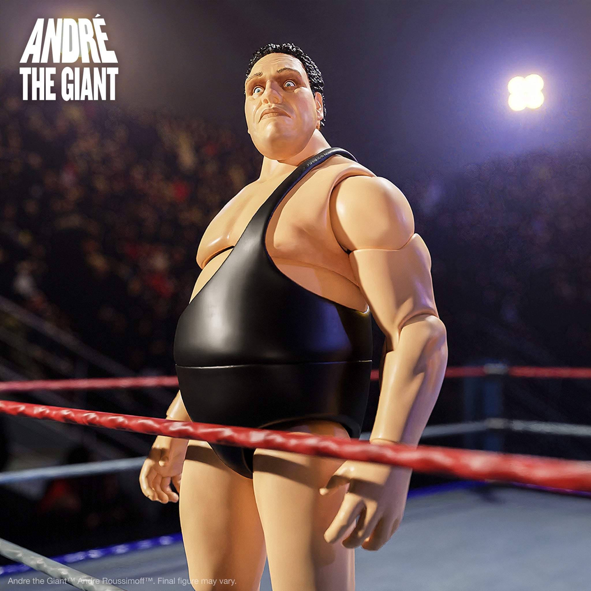 Andre the Giant action figure in a wrestling ring wearing a black singlet