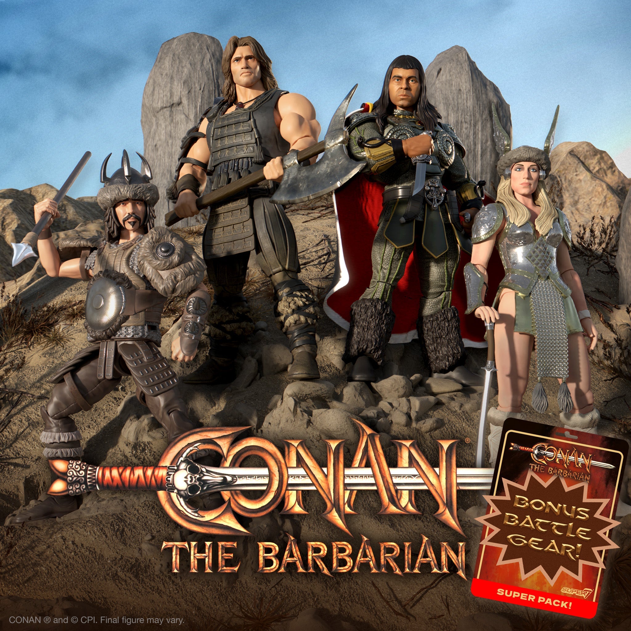 Conan the Barbarian action figures in armor on rocky ground with weapons