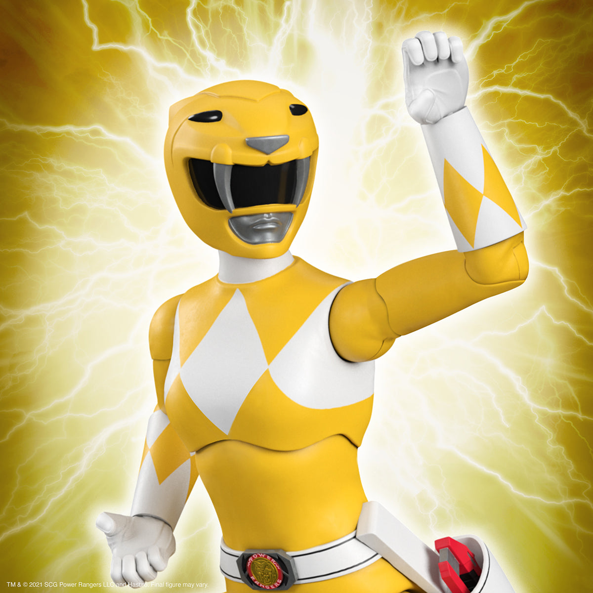 Yellow Power Ranger action figure raises a fist against a bright lightning backdrop