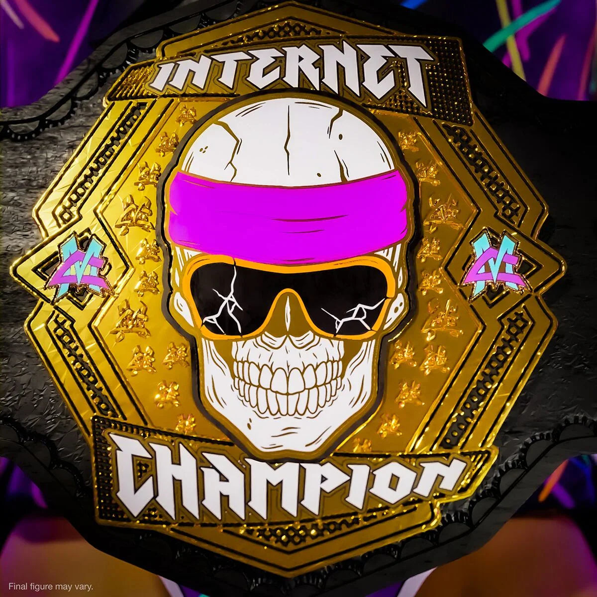 Gold Internet Champion wrestling belt with a skull wearing a pink eye mask and bold Internet Champion lettering