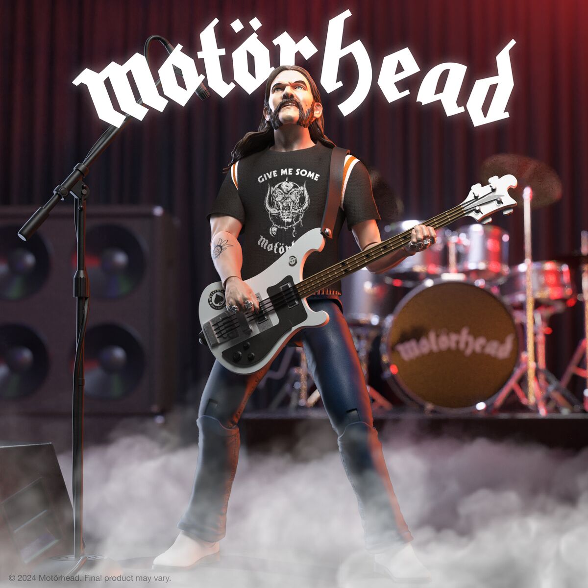 Motörhead action figure on stage with a bass guitar and the band logo overhead.