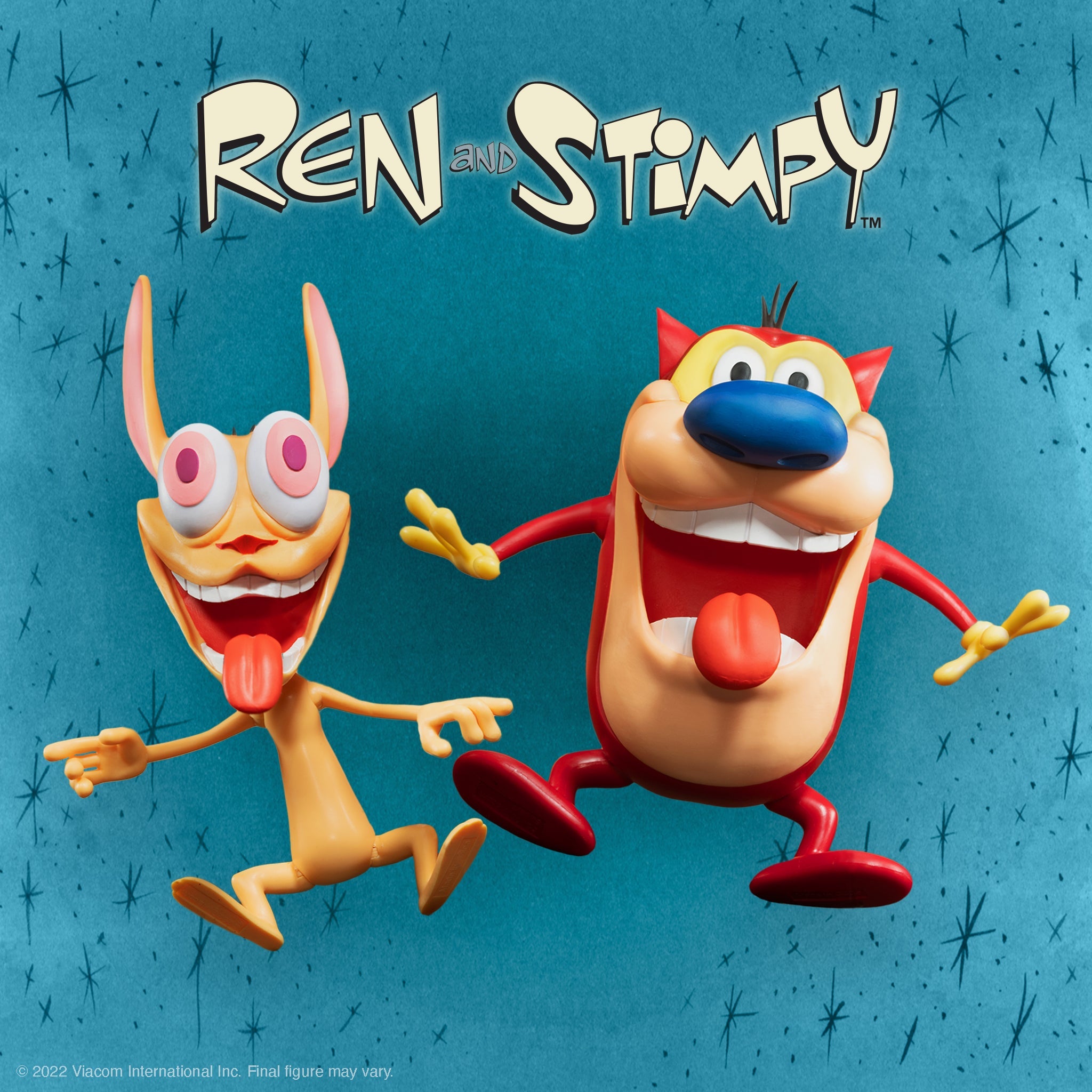 Ren and Stimpy collectible figures posed against a blue backdrop with the show's logo above.