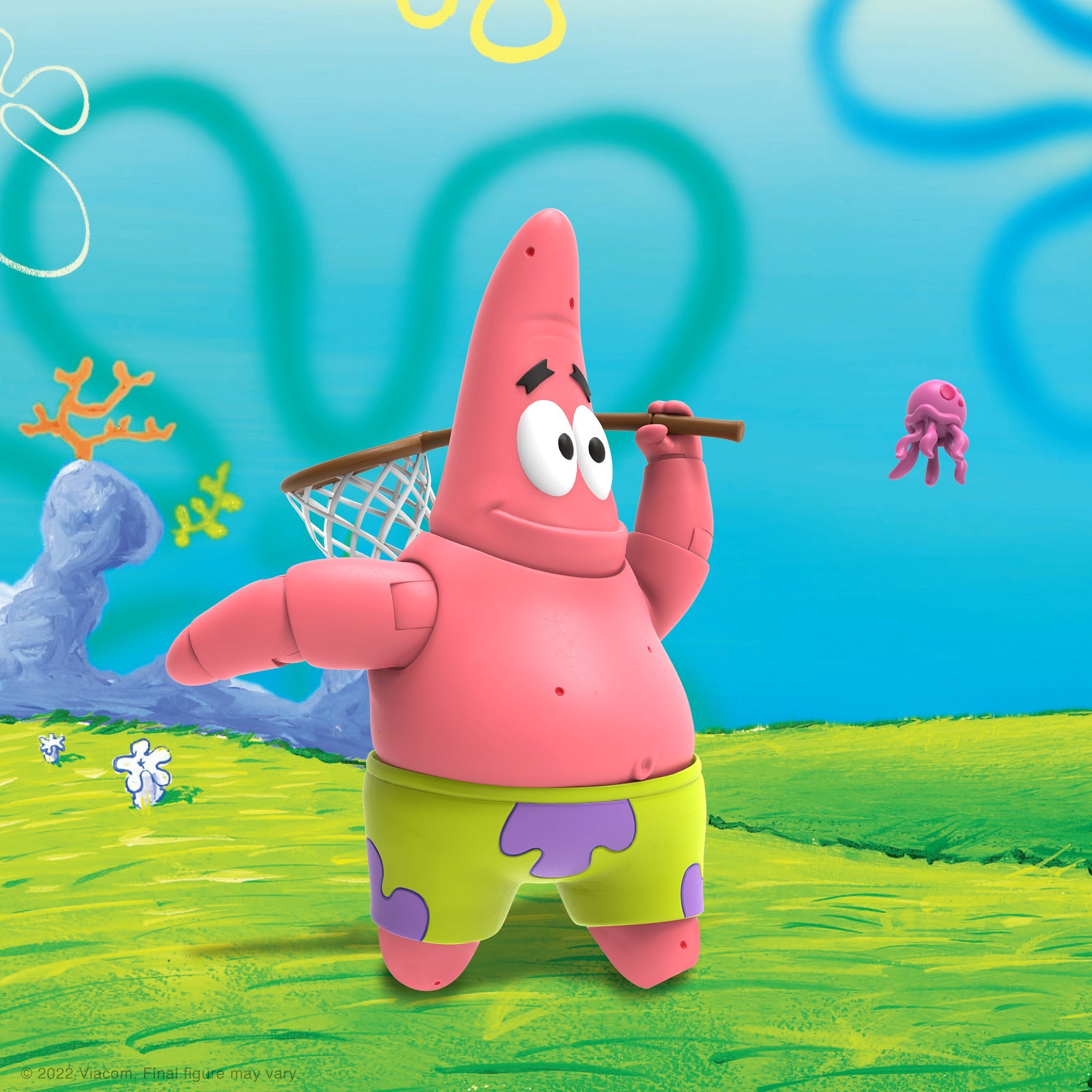 SpongeBob SquarePants Ultimates Wave 2 figures display featuring Patrick Star with a basket against a bright backdrop
