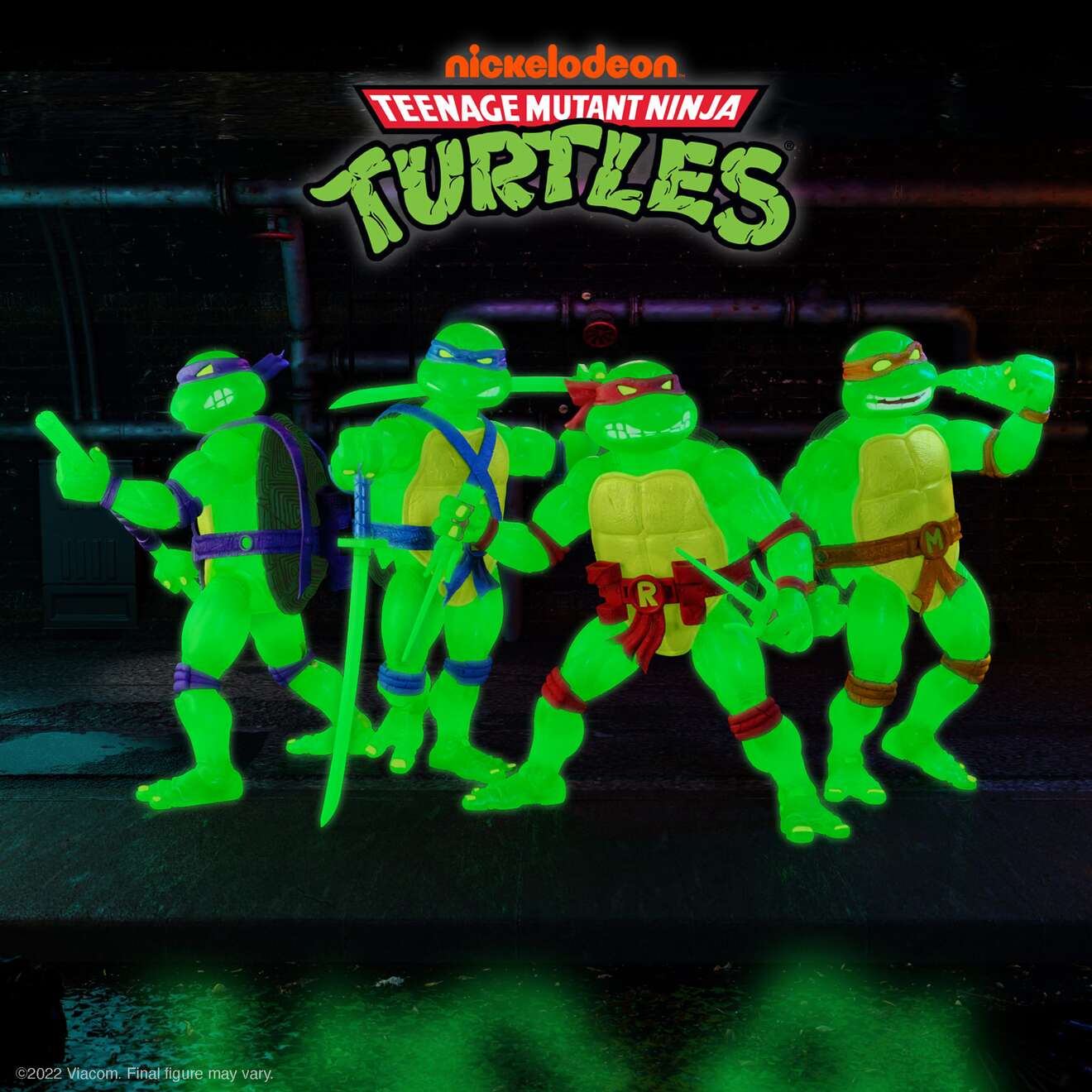 Group of four neon green Teenage Mutant Ninja Turtles ULTIMATES Mutagen Ooze Glow Figures posed with weapons in a dark setting