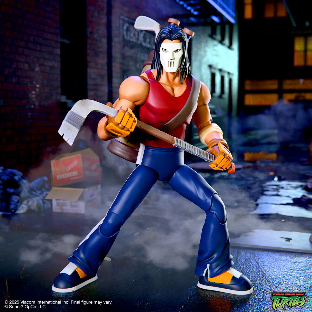 Muscular warrior action figure with a white mask and long black hair wielding a double headed axe in an urban alley scene