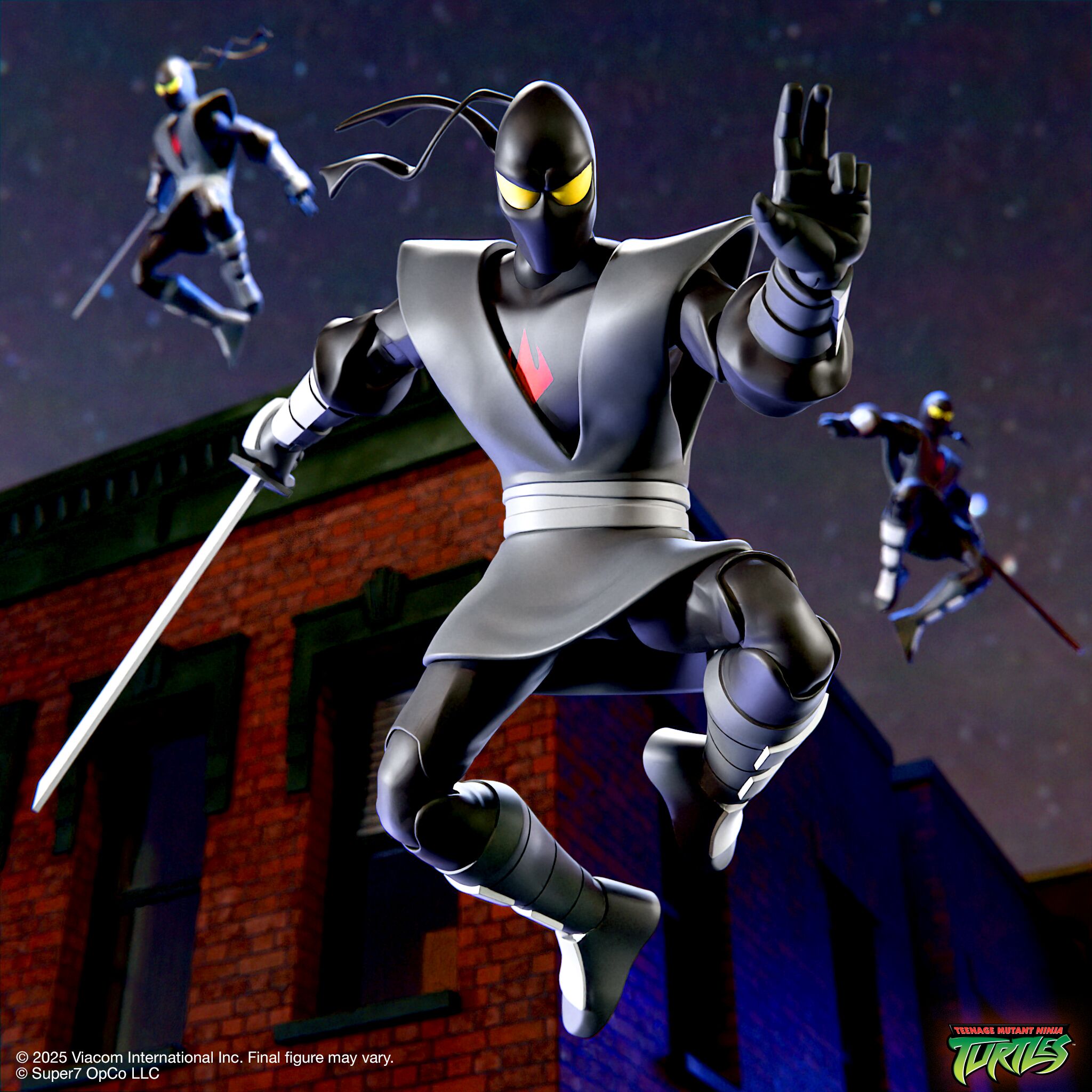 Teenage Mutant Ninja Turtles action figures in black outfits posed midair on a stage with pink purple lighting