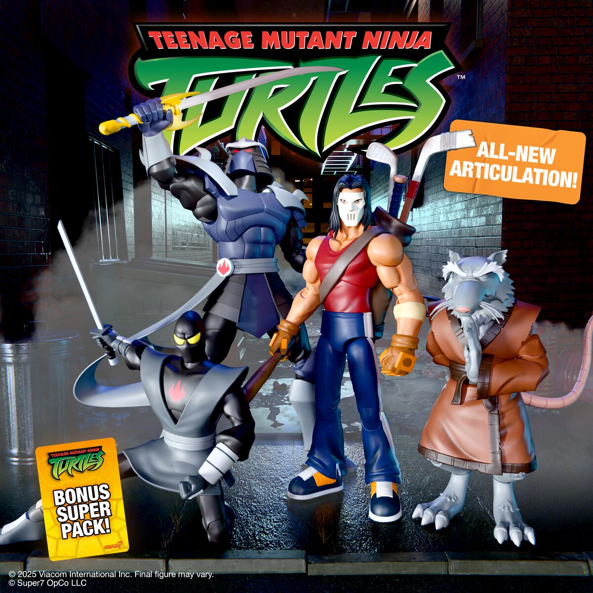 Teenage Mutant Ninja Turtles action figure set with four heroes in an urban alley scene