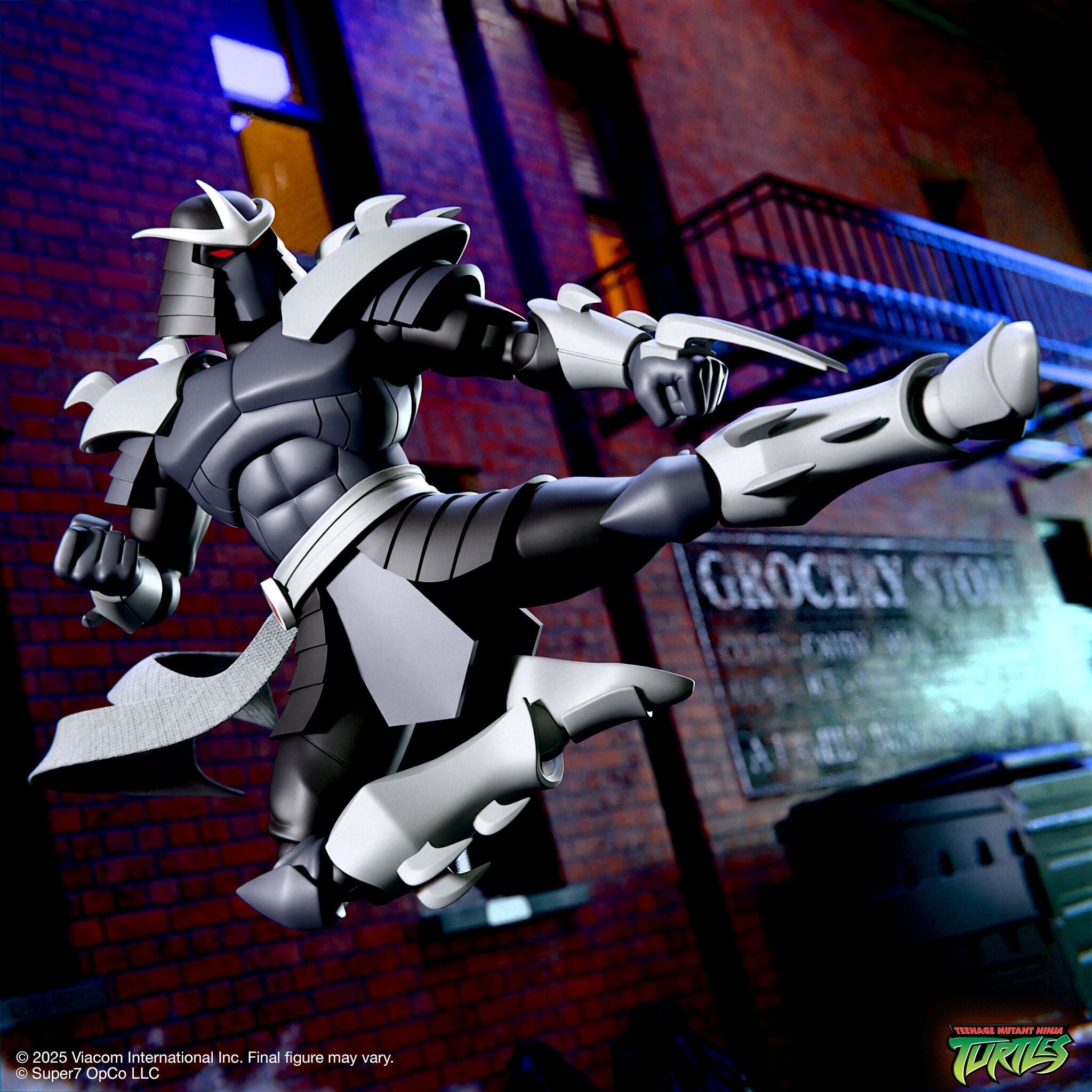 Large silver robotic kaiju figure stands in a city scene for the 2024 Holiday Gift Guide with TMNT logo