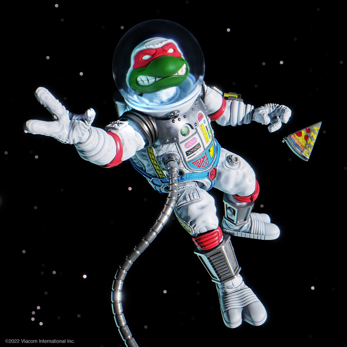 Raphael from Teenage Mutant Ninja Turtles in an astronaut suit floating in space with a pizza slice