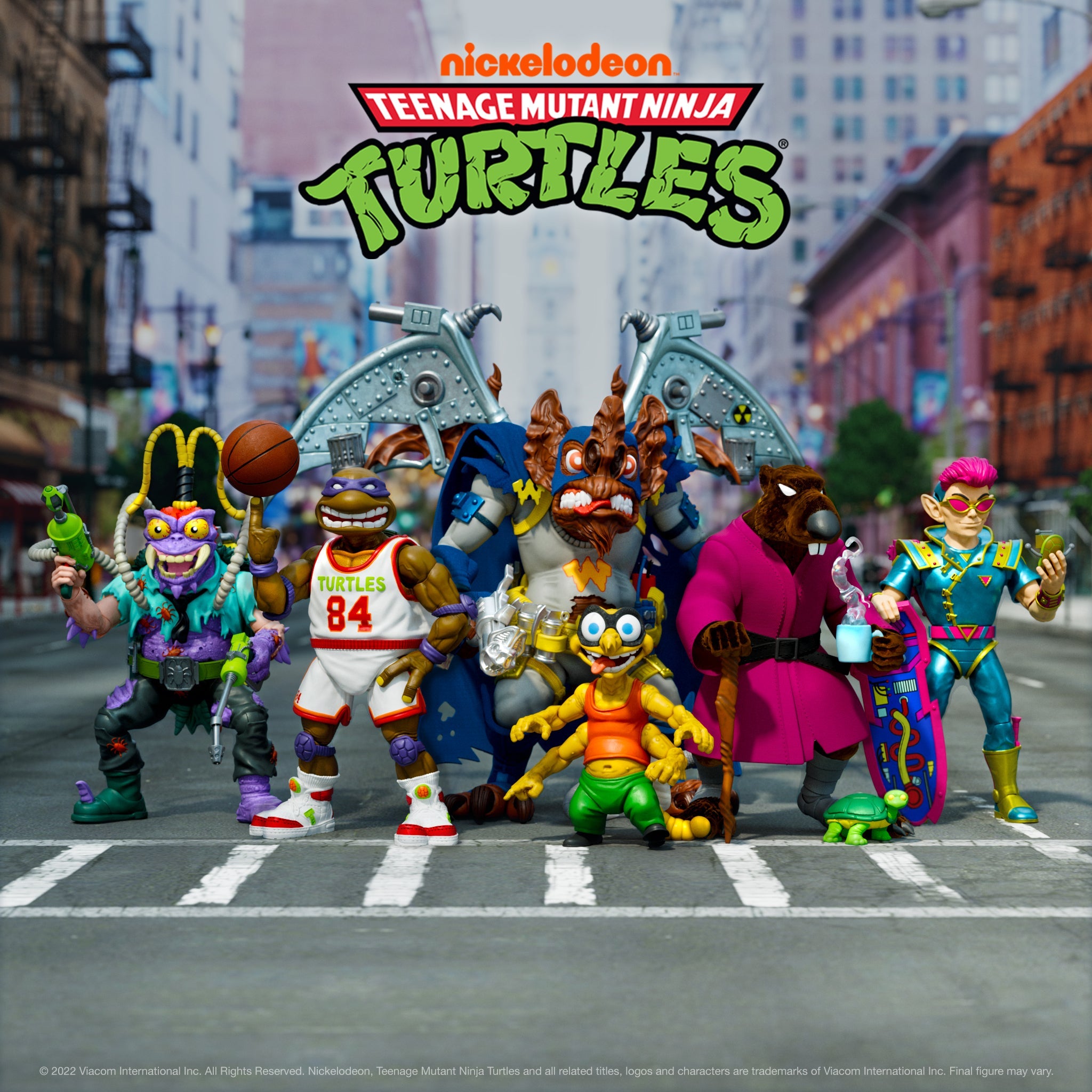 Group of TMNT Ultimate Wave 9 figures marching on a city street parade float beneath a large Teenage Mutant Ninja Turtles logo