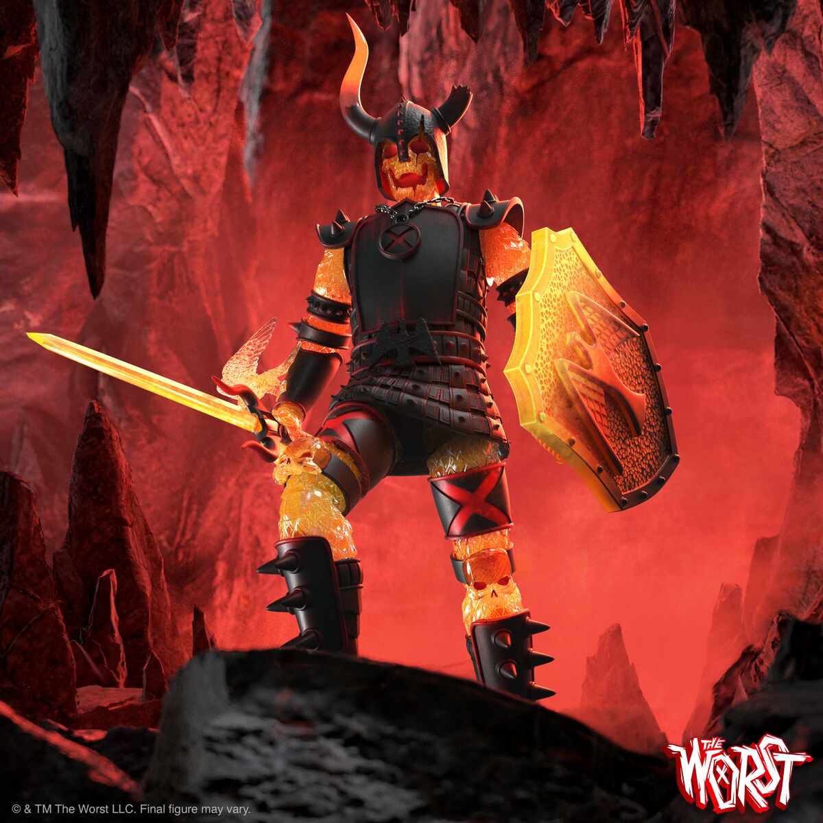 Fiery armored demon action figure with a horned helmet, glowing lava limbs, shield and flaming sword in a lava cave.