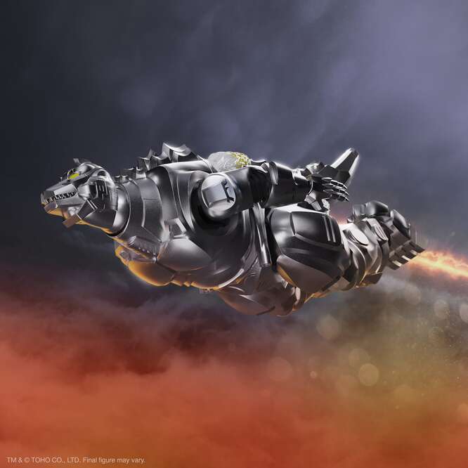 Mechagodzilla, a silver robotic kaiju, soaring through smoky orange skies.