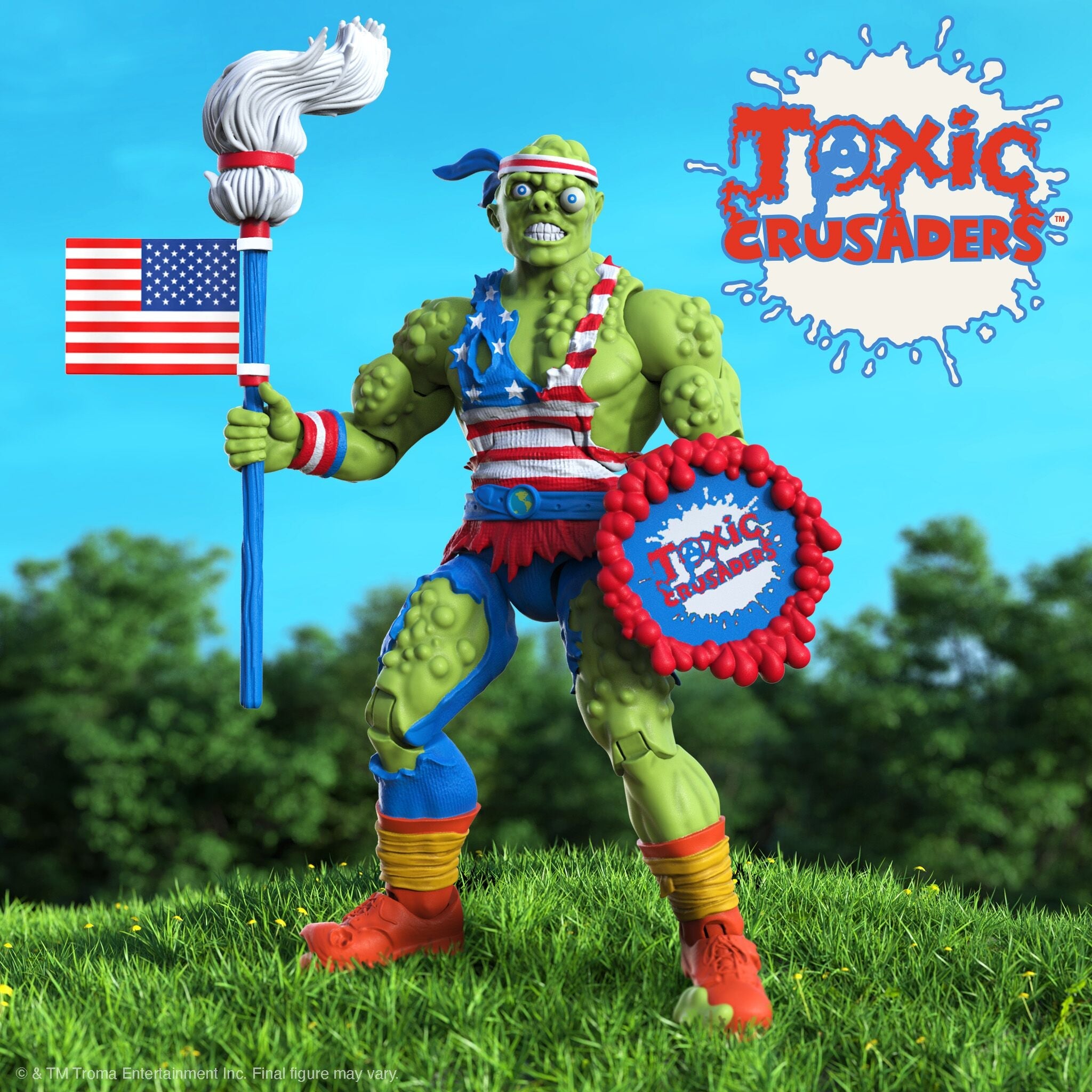 Toxic Crusaders promotional toy image featuring a green monster in yellow with a striped hero against a bright blue sky