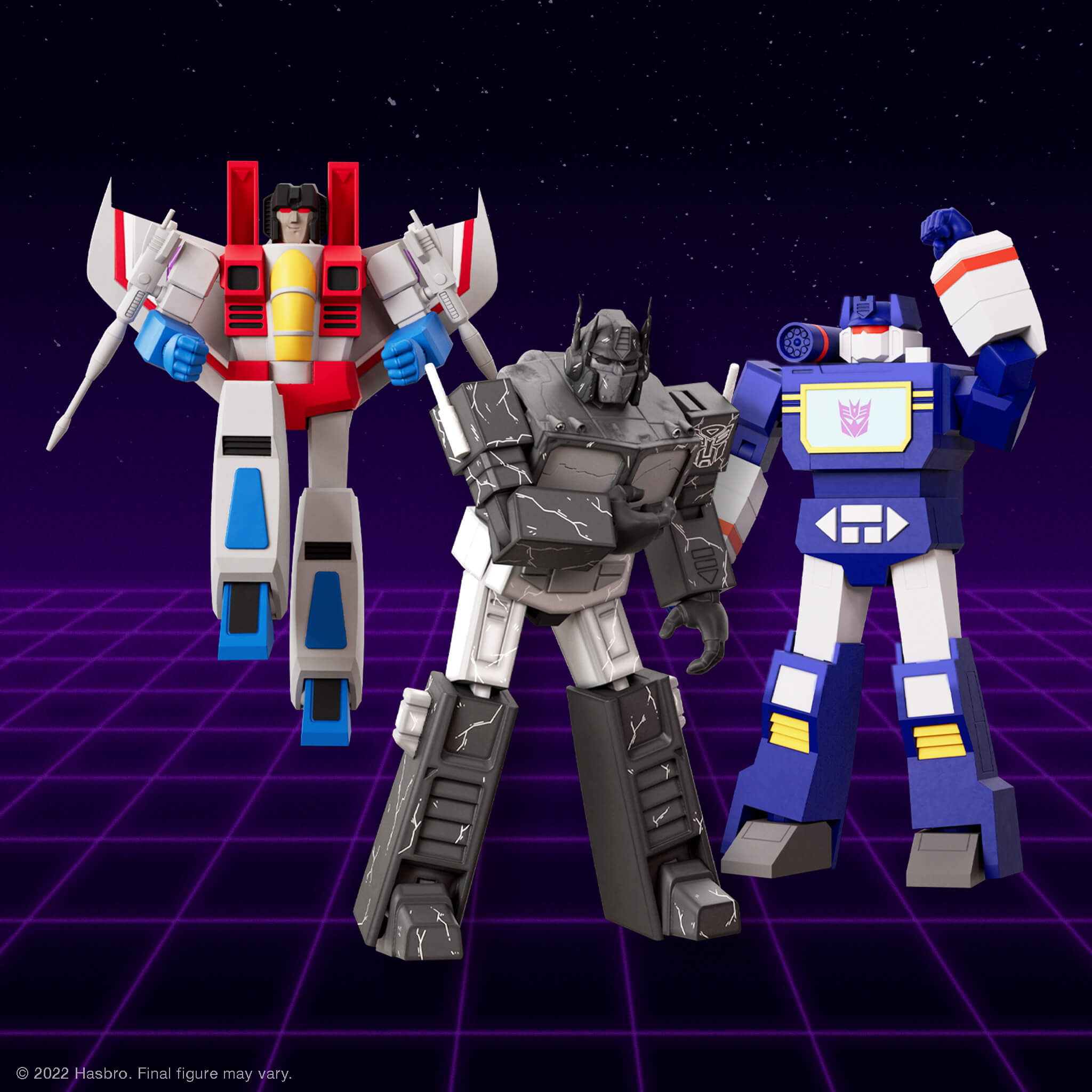 Transformers Ultimates Wave 4 display with three large robotic figures against a starry purple backdrop.