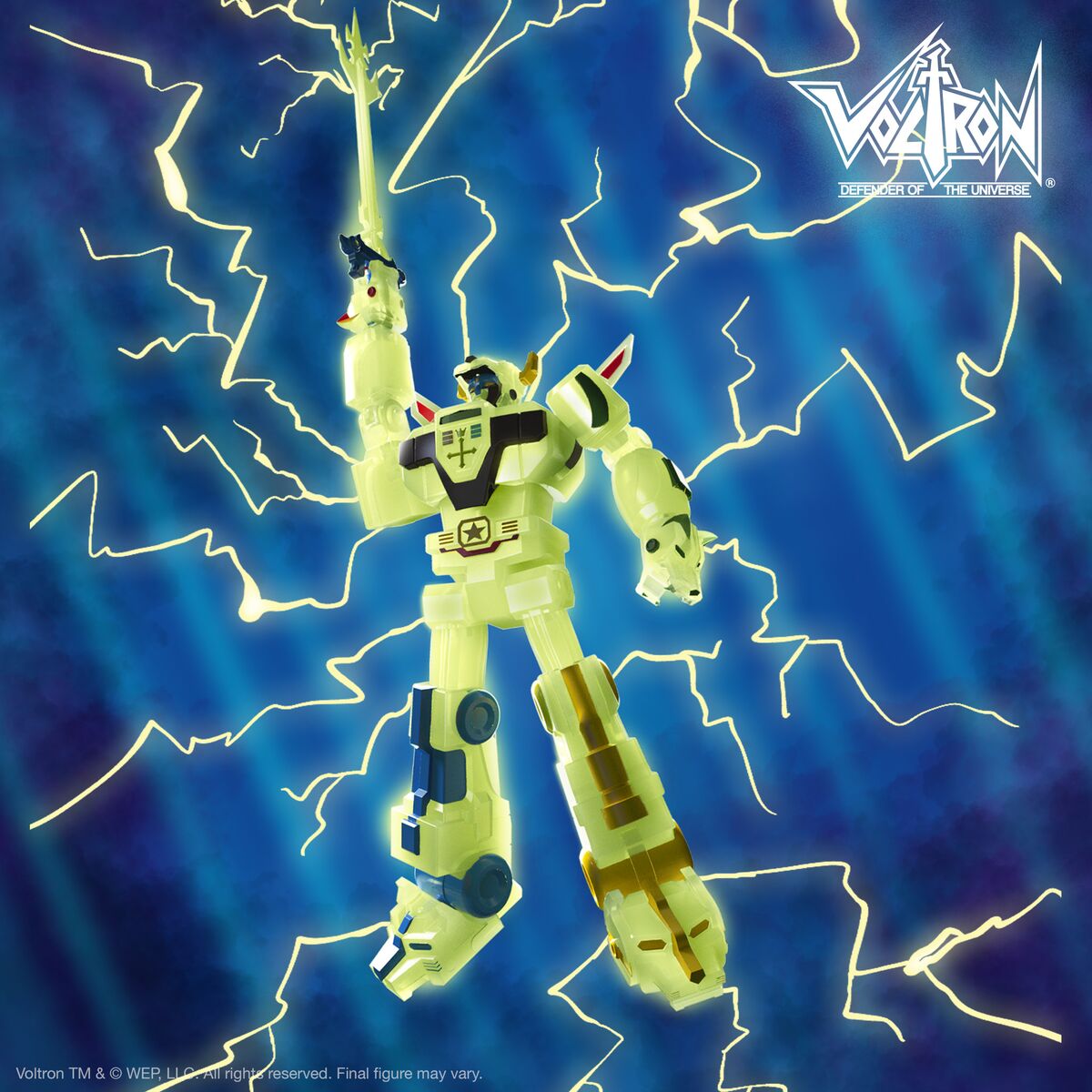 Voltron action figure raises a sword against a blue lightning filled background with the Voltron logo