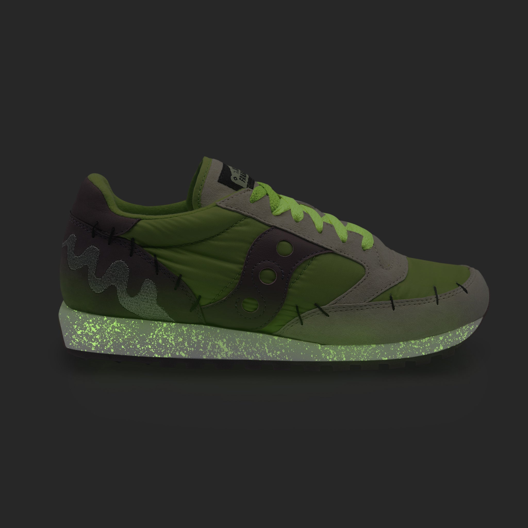 Close up of a lime green and gray sneaker from Super7 Shoe Collaborations with a speckled lime sole