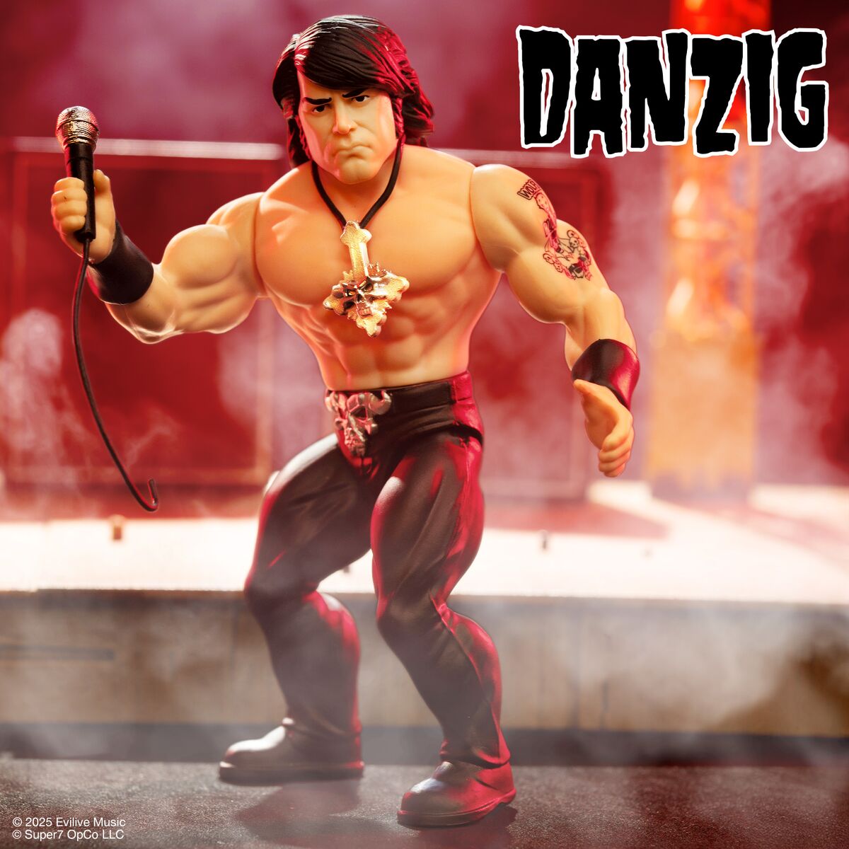 Danzig inspired rock figure performing with a microphone wearing a blue denim jacket and skull shirt