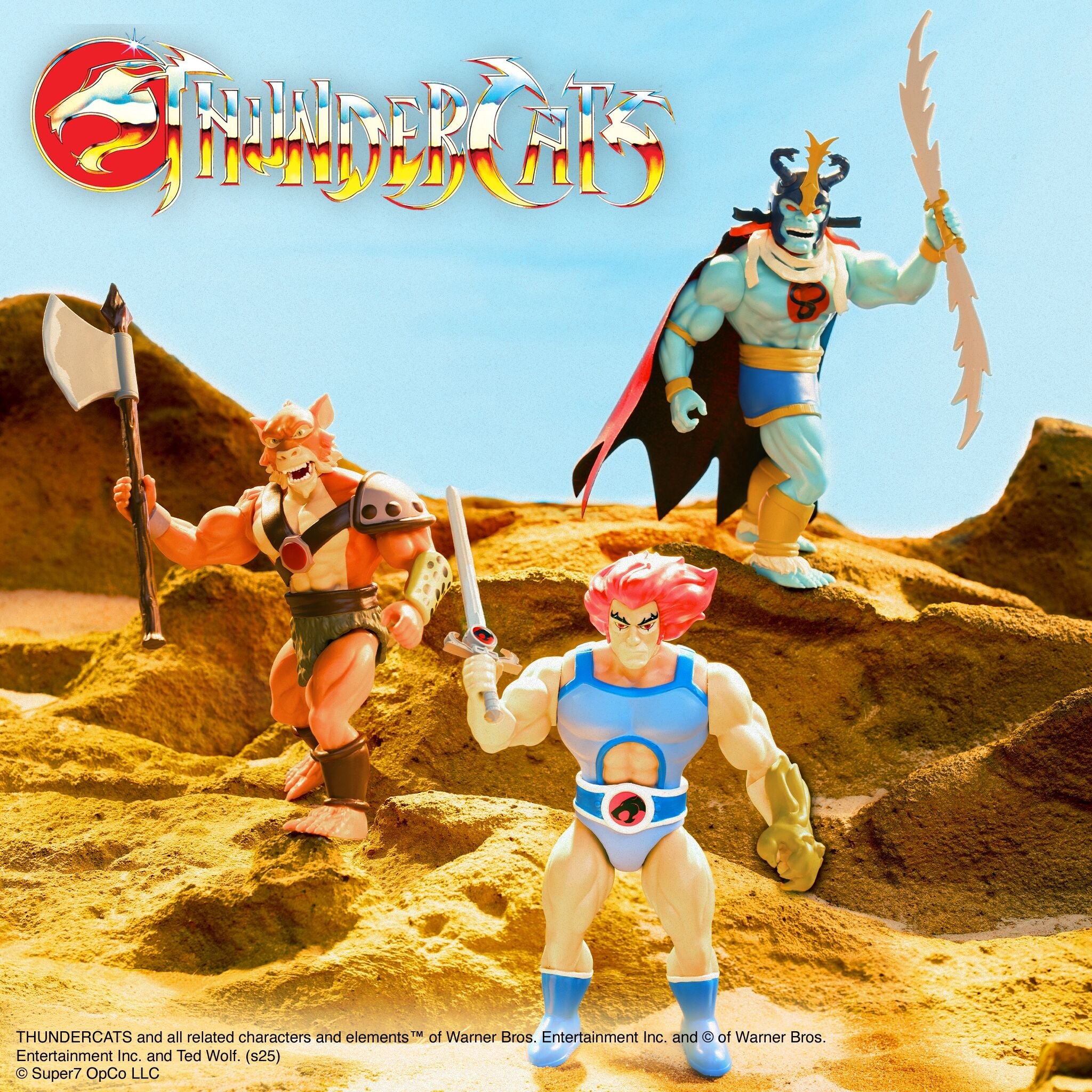 ThunderCats action figures posed on a rocky desert landscape with the ThunderCats logo overhead.