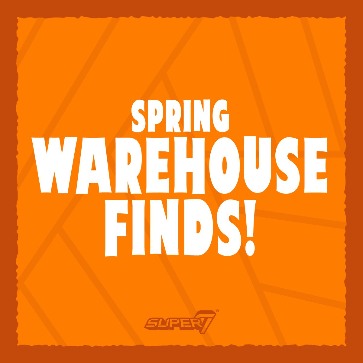 Orange poster style graphic with bold white SPRING WAREHOUSE FINDS text and a subtle diagonal pattern