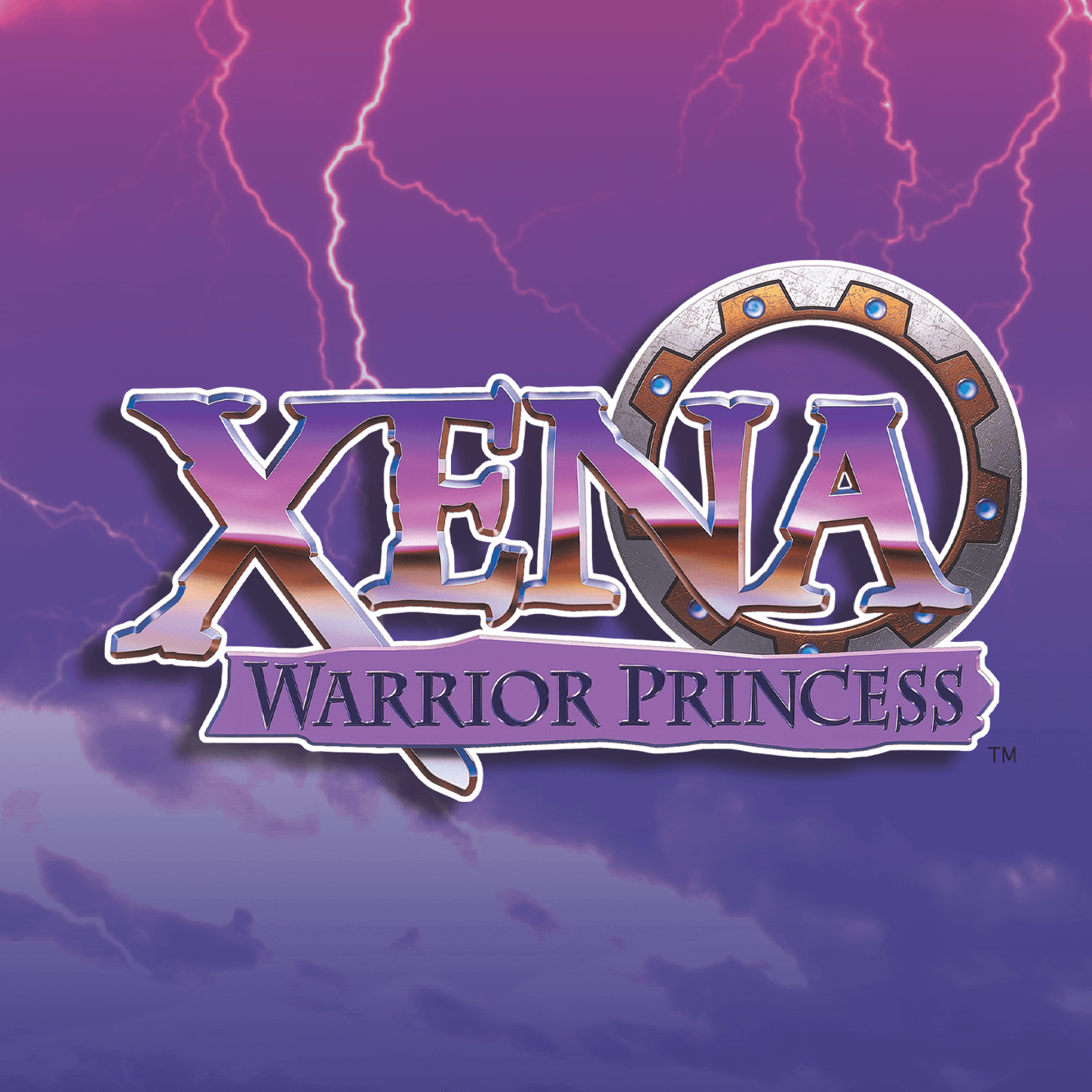 Xena Warrior Princess logo with bold stylized letters and a circular ring on a purple background