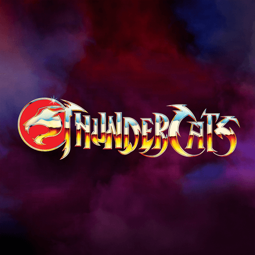 ThunderCats logo with metallic lettering on a purple smoky background
