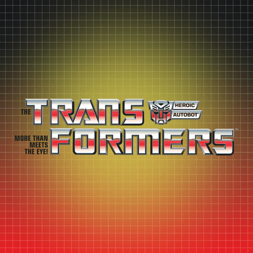 Transformers logo with Autobot emblem on a yellow to red grid background