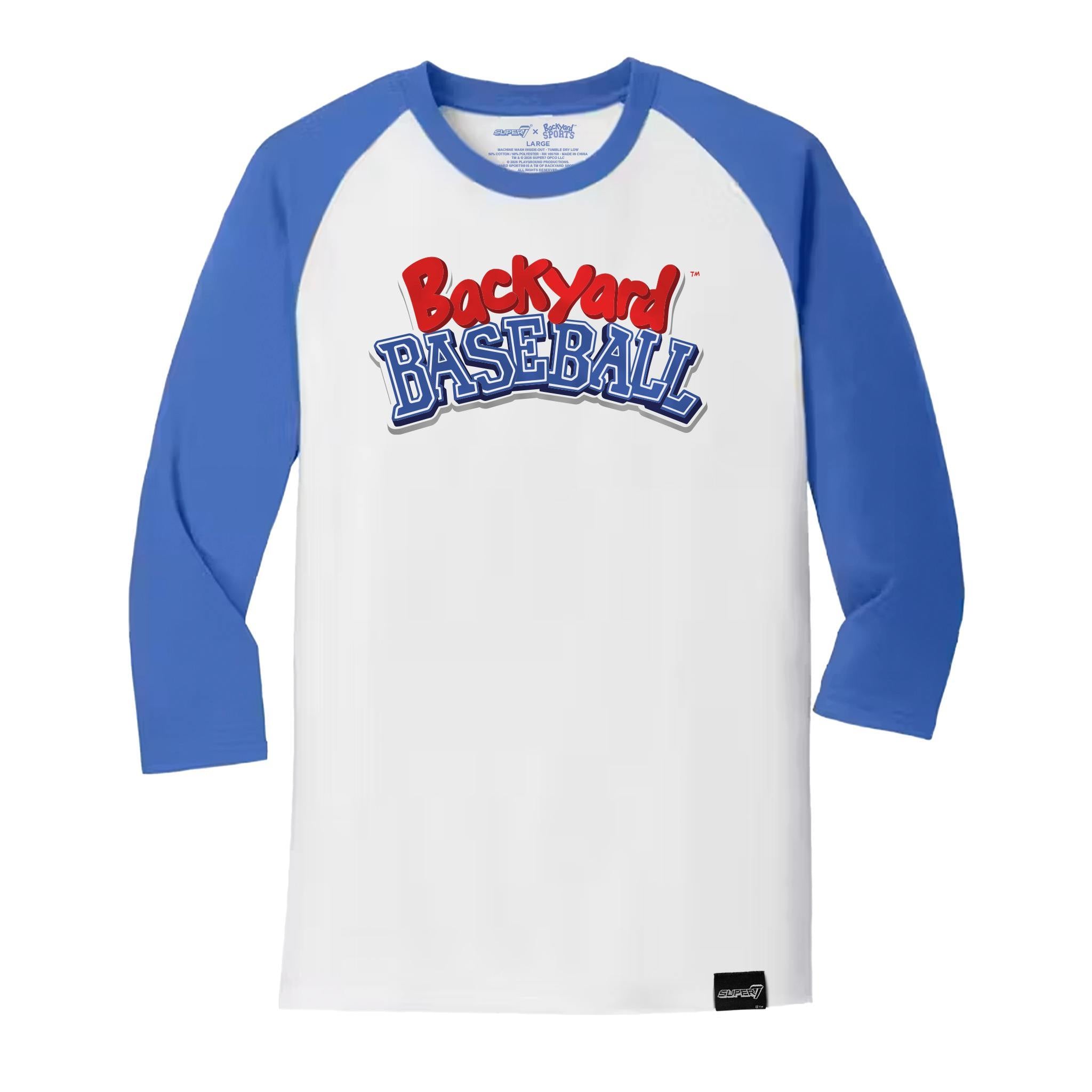 Raglan style Backyard Baseball logo shirt with blue sleeves and white torso.