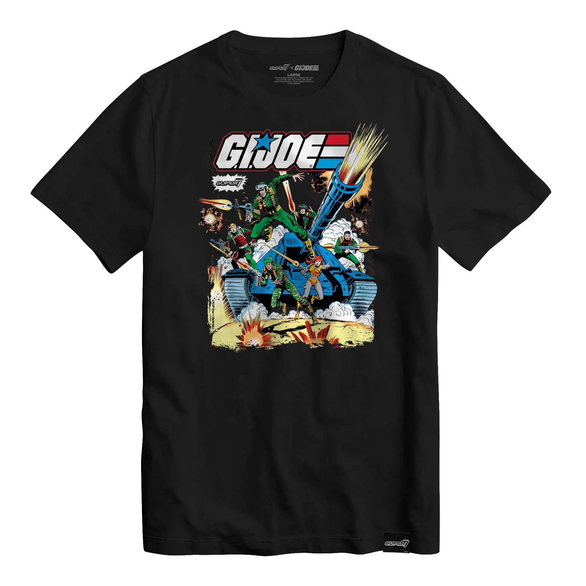Black G.I. Joe T shirt with retro poster artwork showing soldiers, tanks, and explosions in a battle scene.