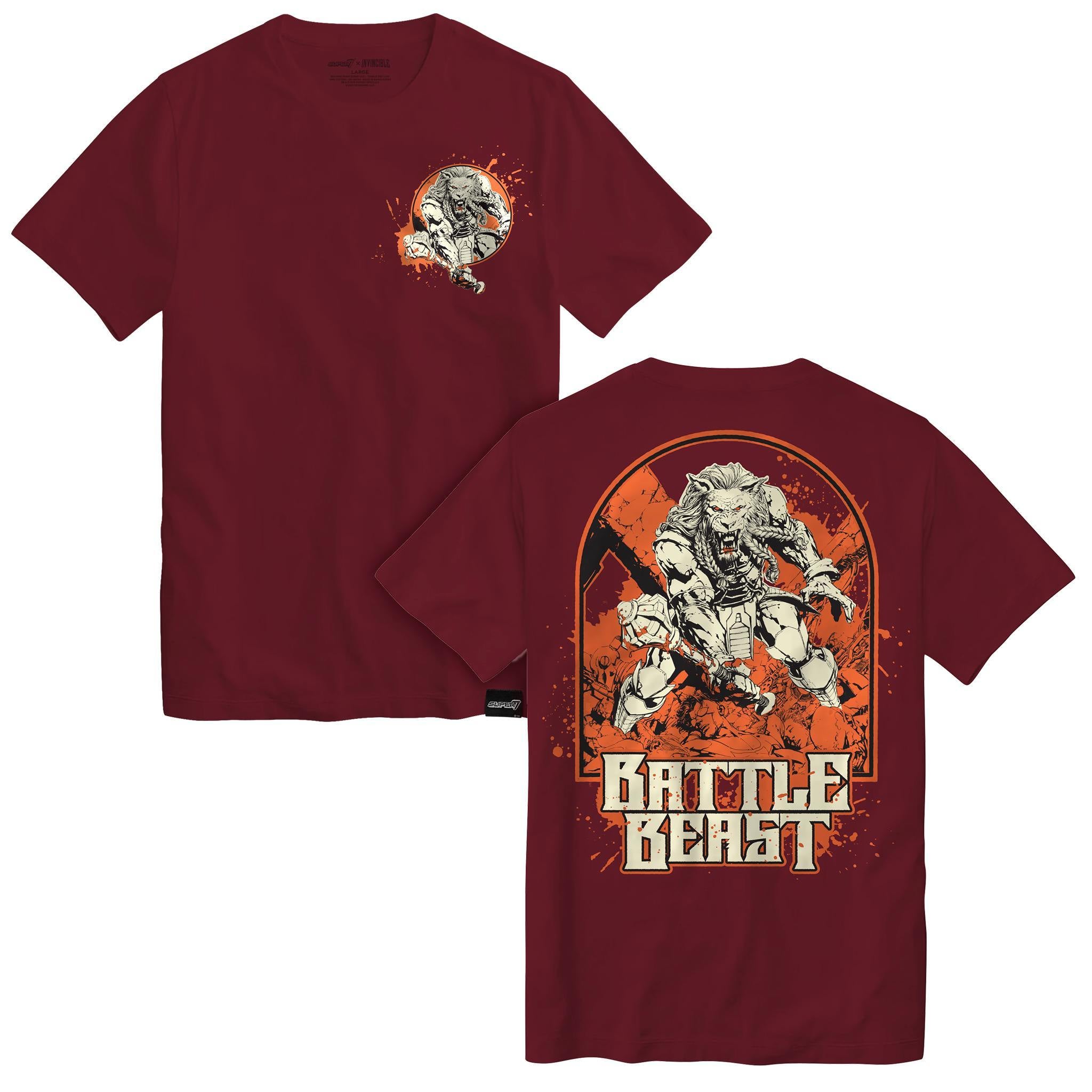 Maroon t shirt with a circular orange Battle Beast poster graphic on the front.