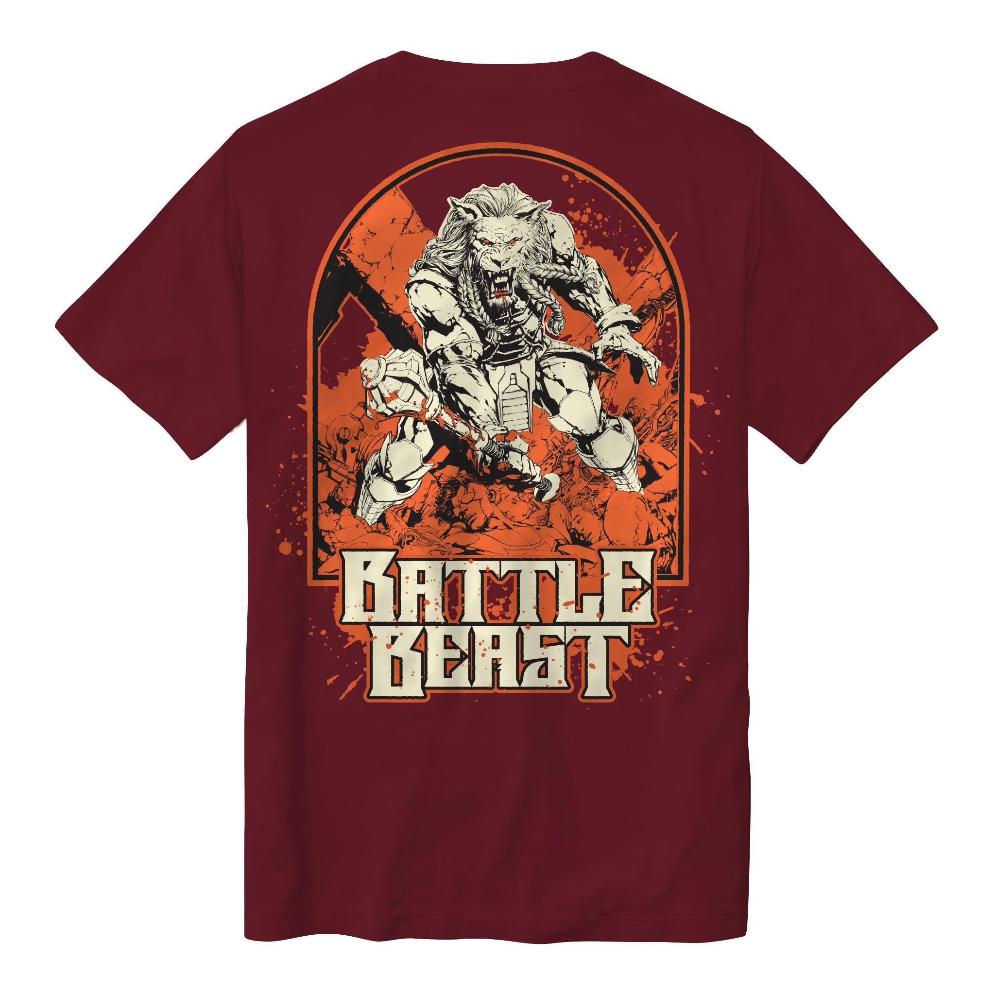 Front view showing the large white bold text graphic integrated into the design on the maroon shirt.