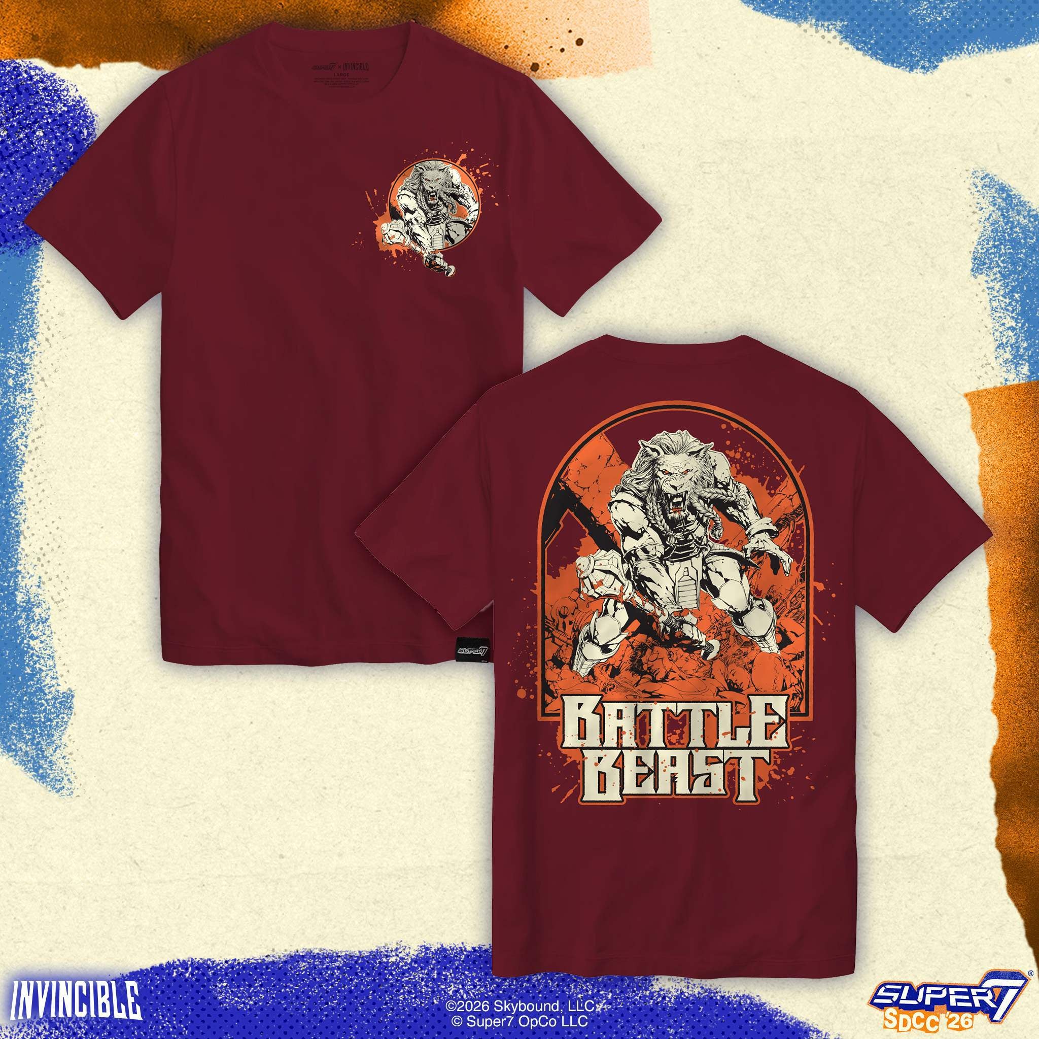 Maroon Invincible Battle Beast t-shirt with front chest graphic and large back print