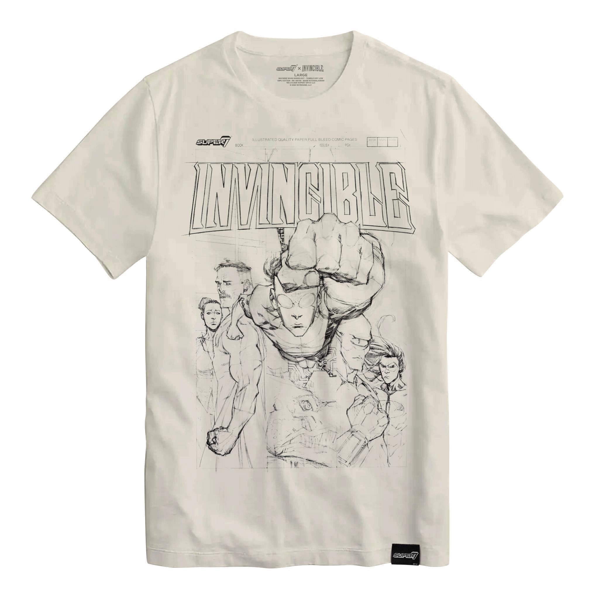 White Invincible art tee printed with a concept poster style illustration of the heroic characters