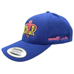 Blue Yupoong snapback cap with yellow and pink embroidered logo on front and side