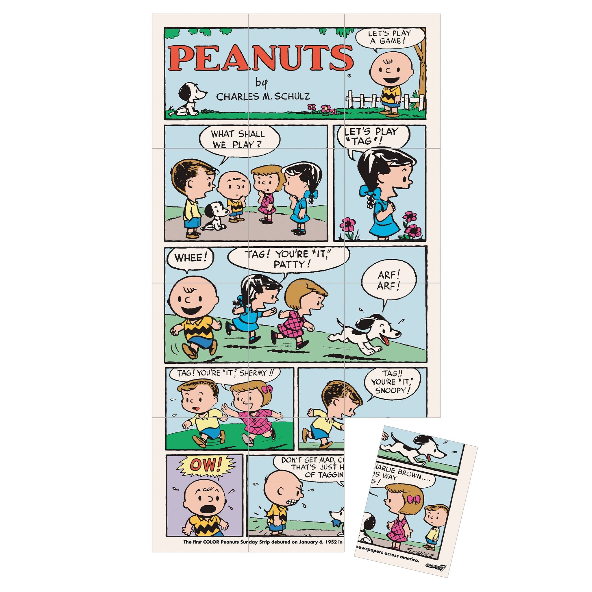 Peanuts Wax Packs Boxed PDQ featuring a comic strip of Peanuts characters playing tag