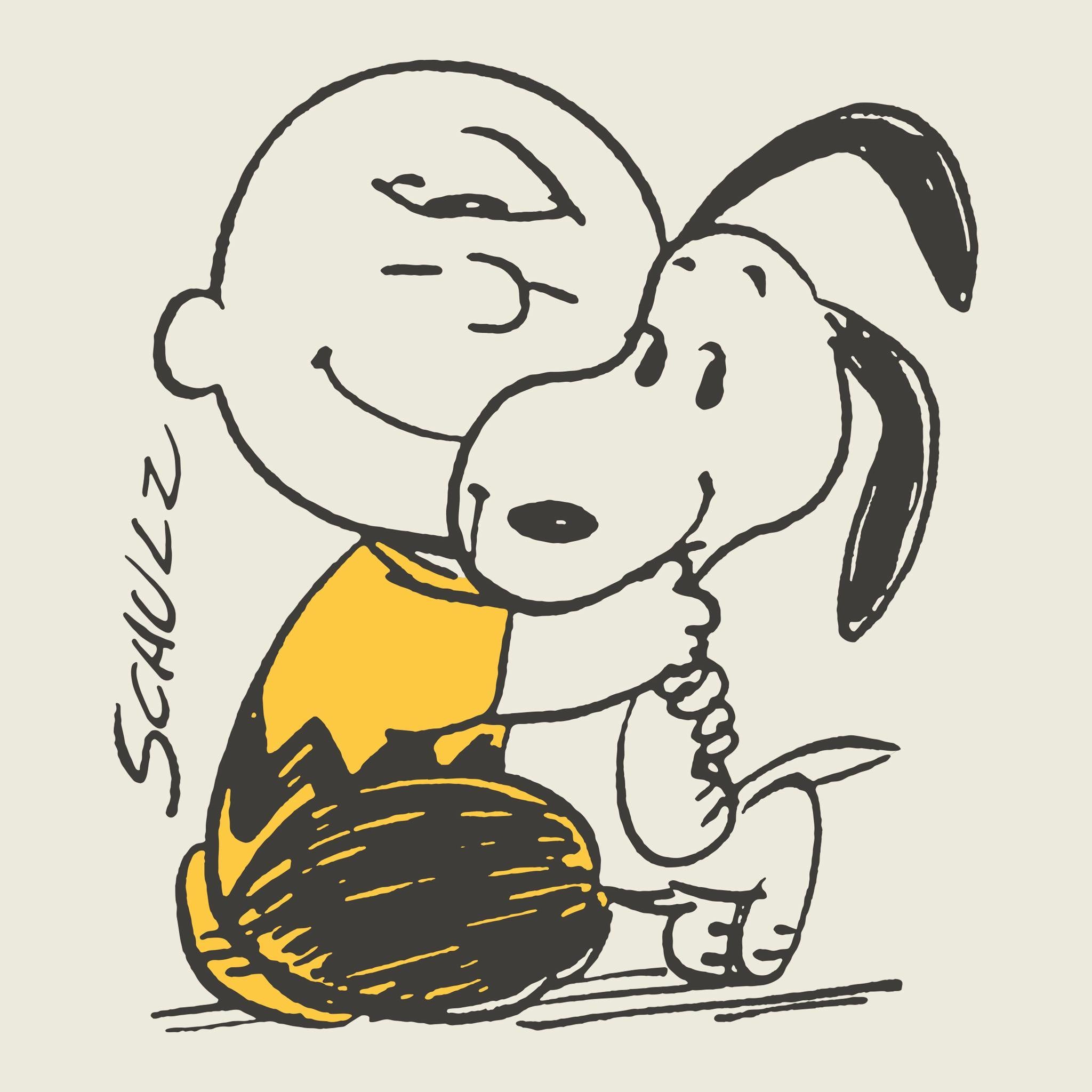 Beige Peanuts T shirt close up of a large black line drawing of Snoopy and Woodstock with a yellow scarf