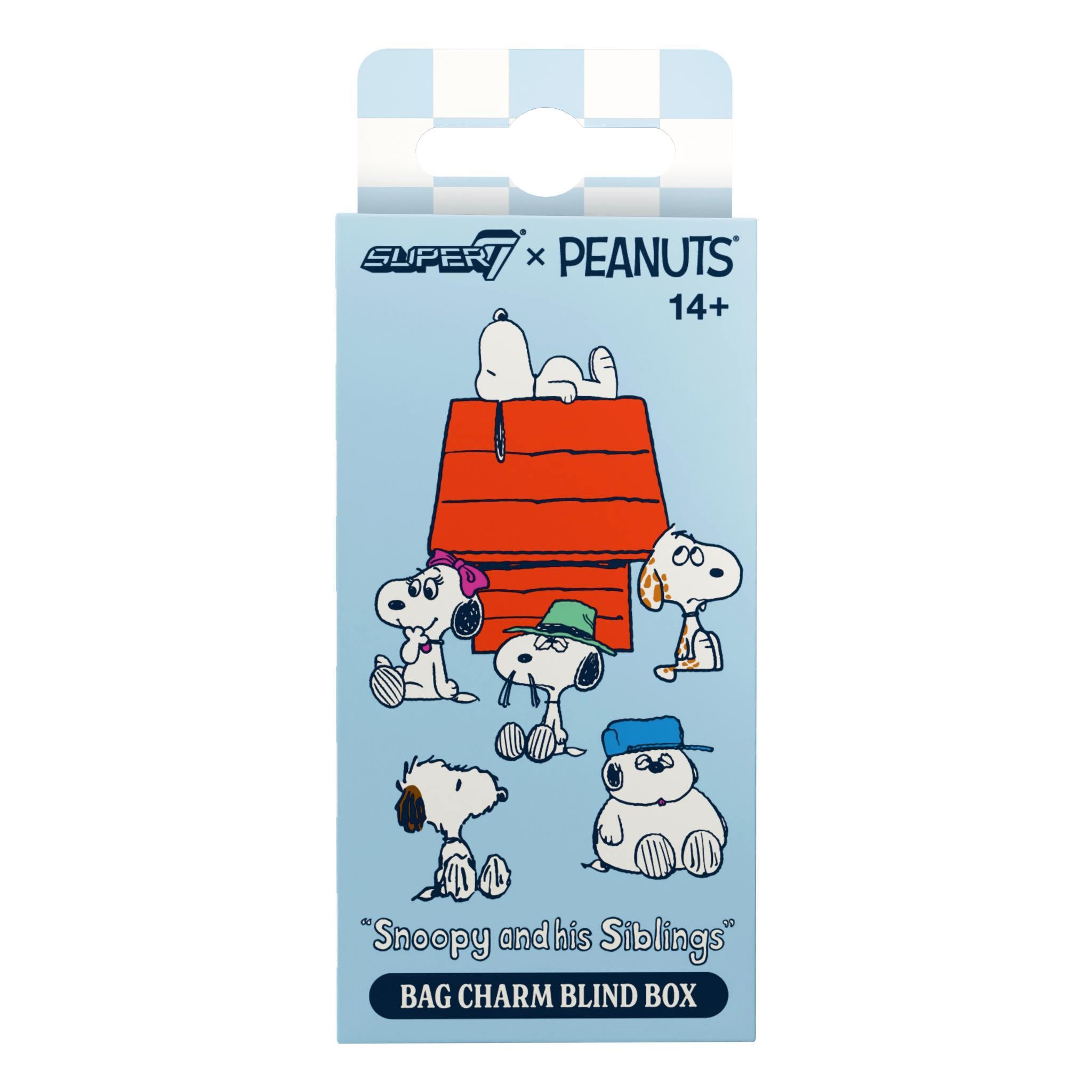 Vertical Peanuts Bag Charm Blind Box art showing Snoopy and friends around a red doghouse on a blue background with Bag Charm Blind Box text.