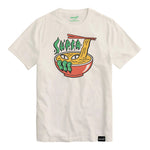 White t shirt with a large colorful ramen bowl graphic and chopsticks