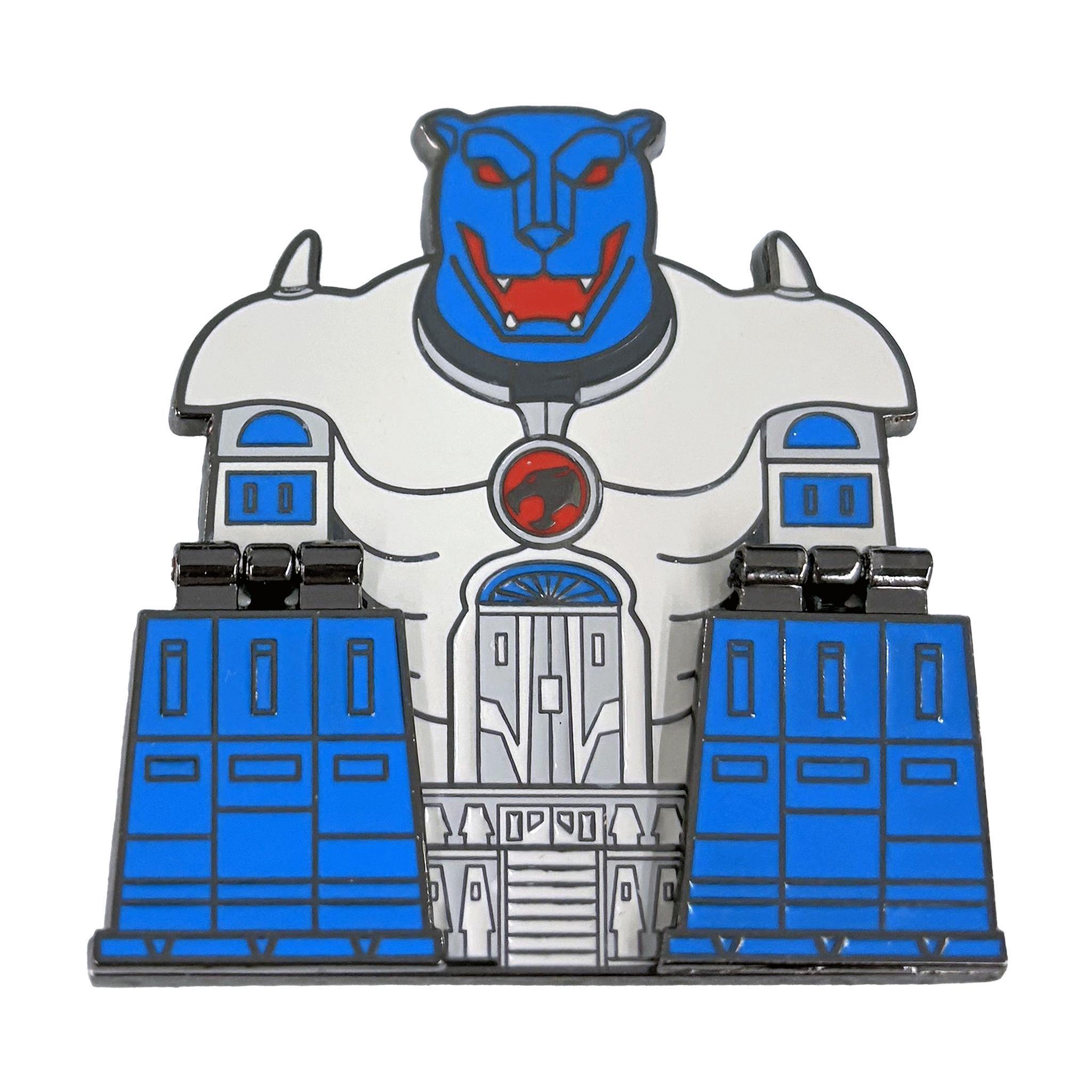 Close up of blue ThunderCats Cat's Lair enamel pin showing the snarling feline head