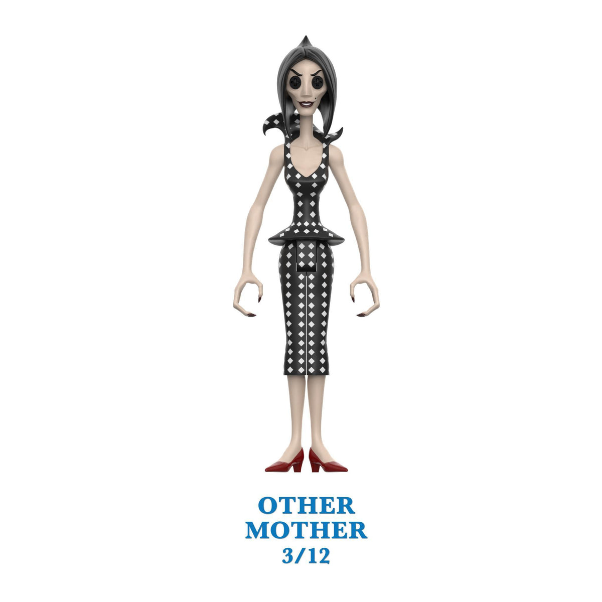Coraline Other Mother figure wearing a black diamond patterned dress with red shoes.