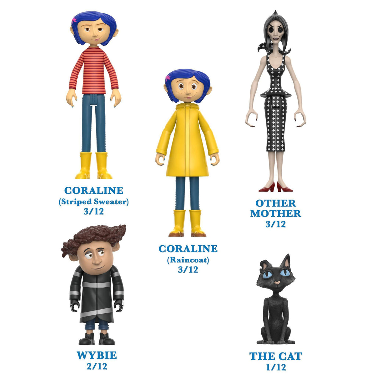 Three Coraline ReAction Wave 01 figures: Coraline in striped sweater, Coraline in a yellow raincoat, and The Other Mother.