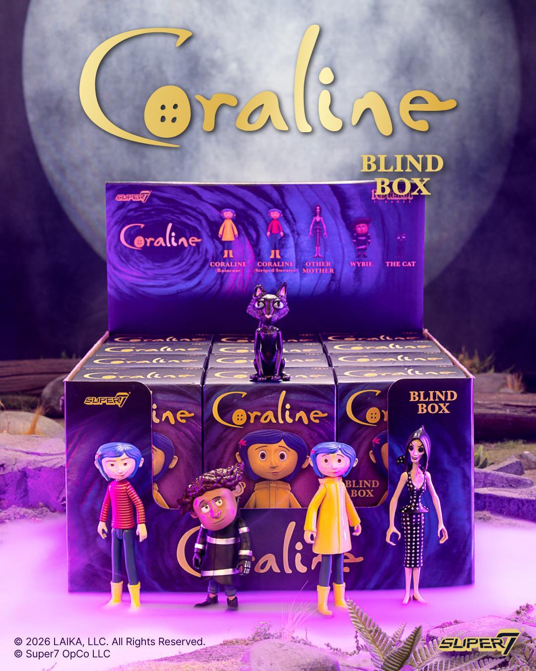 Coraline Blind Box Wave 01 promotional image featuring a blue haired figure and a black cat beside stacked boxes