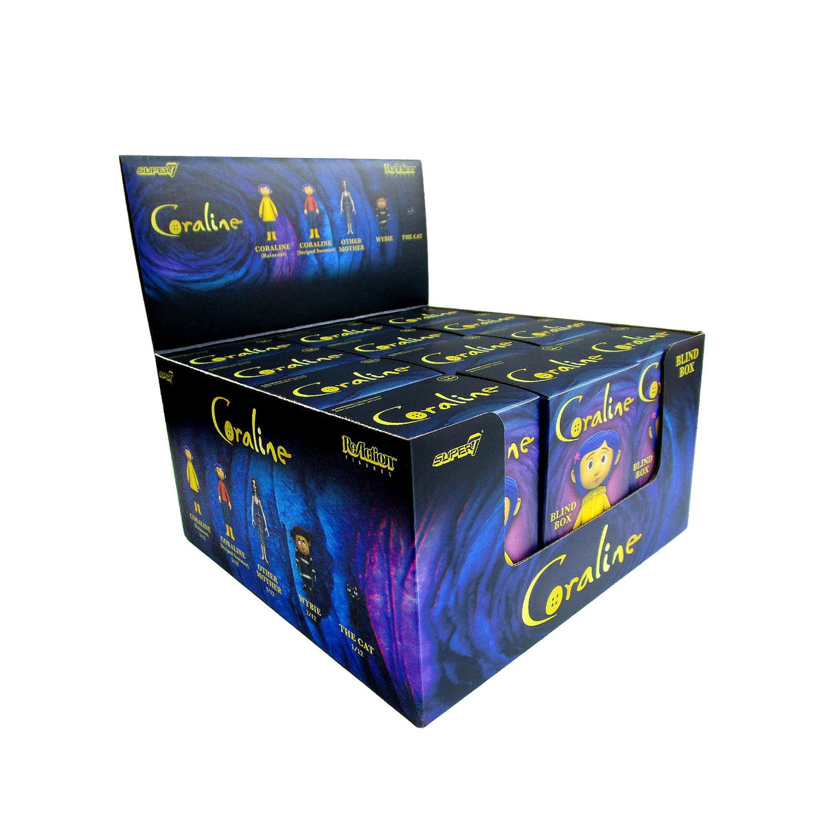 Coraline ReAction blind box display with stacked boxes and a cat figure on top