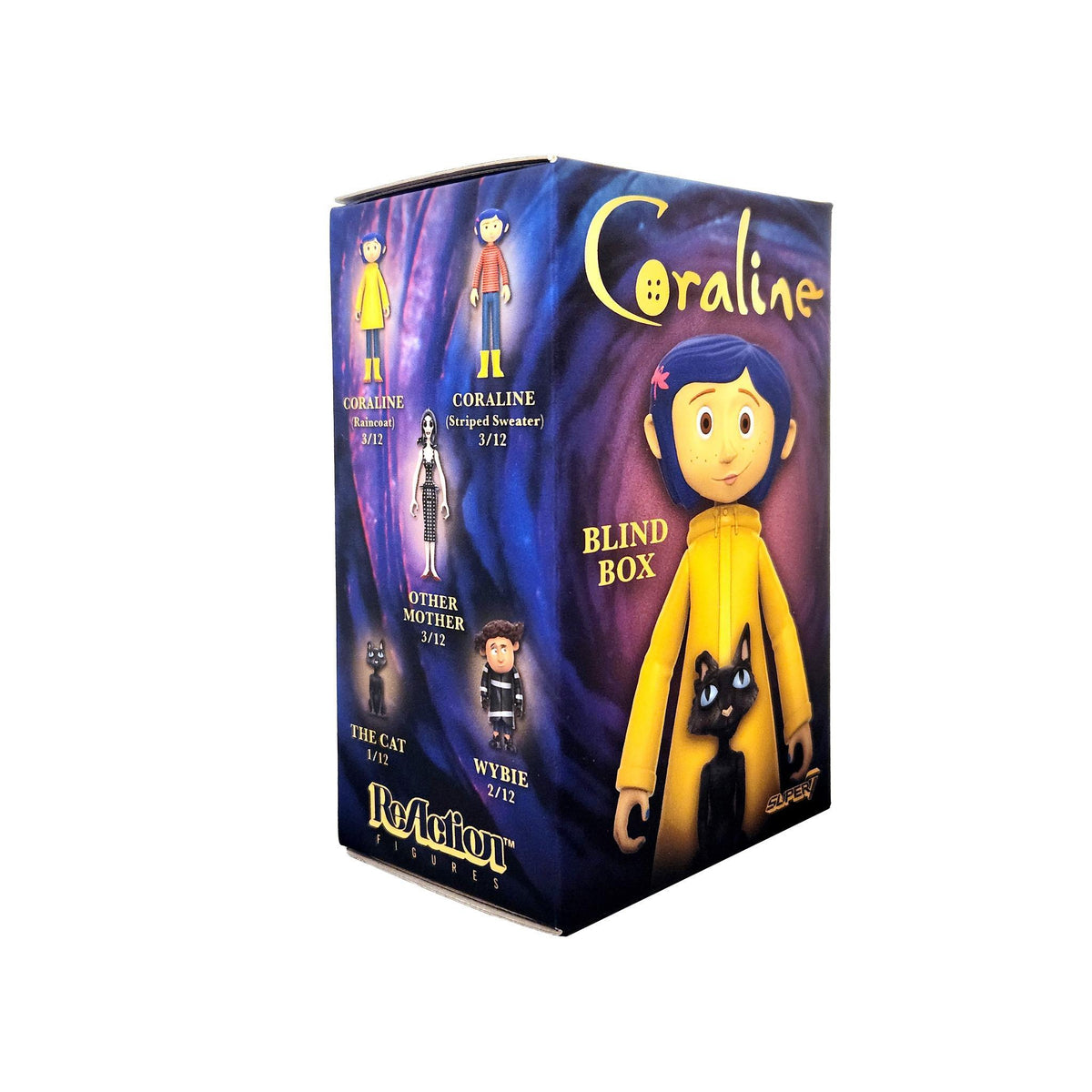 Angled view of Coraline ReAction Blind Box packaging showing character art and branding on the side panel